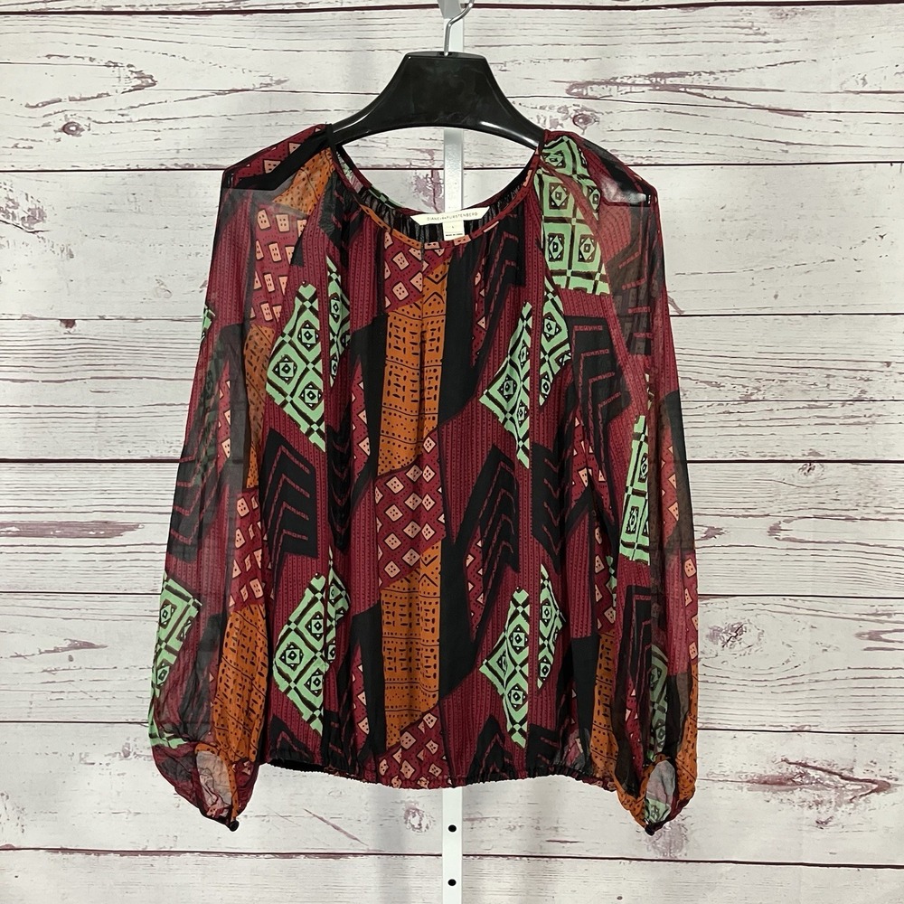 Diane Von Furstenberg Silk Geometric Print Peasant Blouse Balloon Sleeve Large